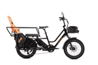 An image of a RadWabon 5 in black with a Thule Yepp Child Seat, caboose, Rad Mirror, small front-mounted basket & basket liner. 