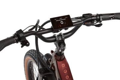 Close up of the handlebar-mounted display on a Radster Trail electric off-road bike.