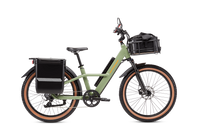 Radster Trail electric off-road bike in size large installed with a hardshell locking pannier, front basket with roll top liner bag, mirror and phone mount.