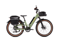 Green Radster Trail electric off-road bike in size regular installed with a pannier, front basket with roll top liner bag, mirror and phone mount.