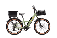 Radster Trail electric off-road bike in size large installed with a hardshell locking box, front basket with basket bag, mirror and phone mount.