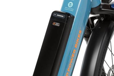 Close up of Rad's new Safe Shield semi-integrated battery, shown installed on a Radster Road electric commuter bike.