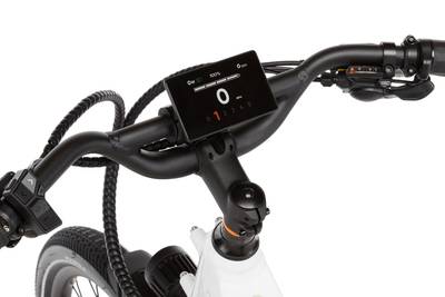 Close up of the handlebar-mounted display on a Radster Road electric commuter bike.