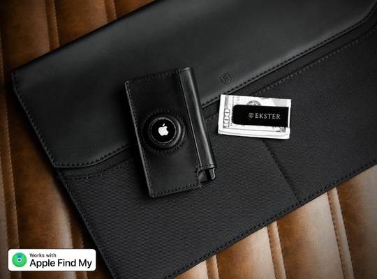 Ekster leather airtag wallet with leather laptop sleeve and cash clip