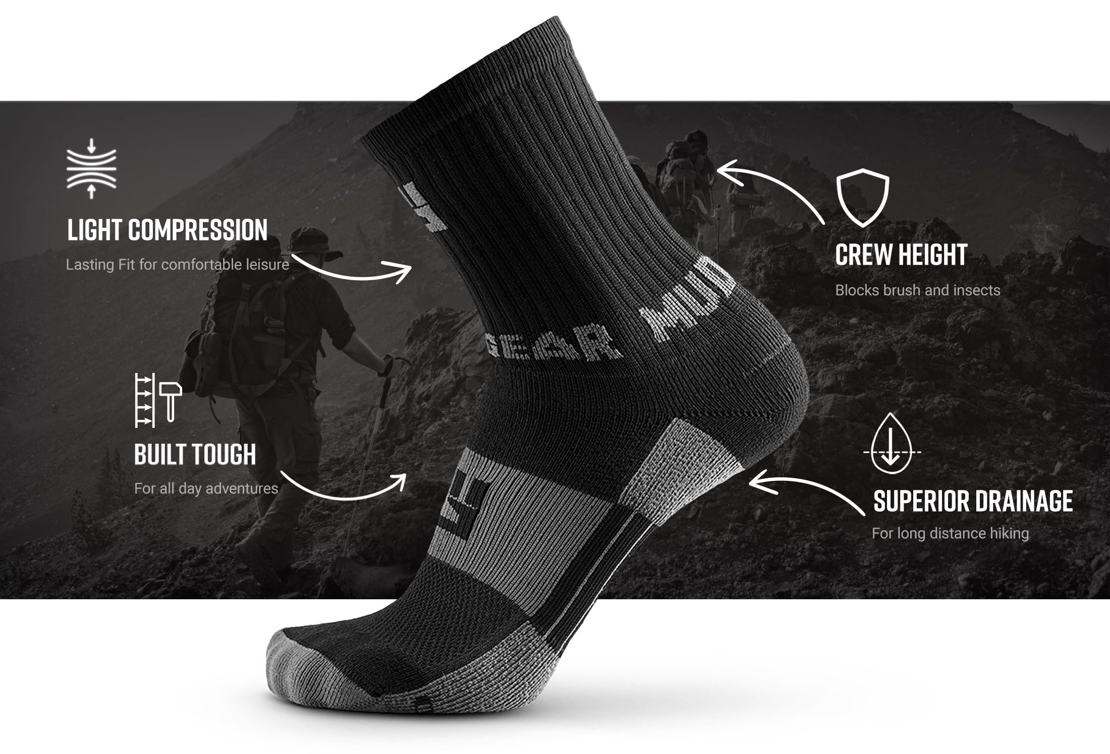 Infographic of Performance Hiking/Trekking Sock - Black/Gray (2 Pair Pack)