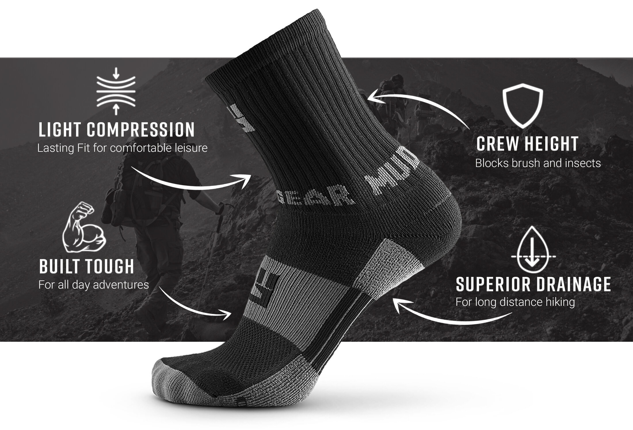 Infographic of Hiking/Trekking Sock - Black/Gray (2 Pair Pack)