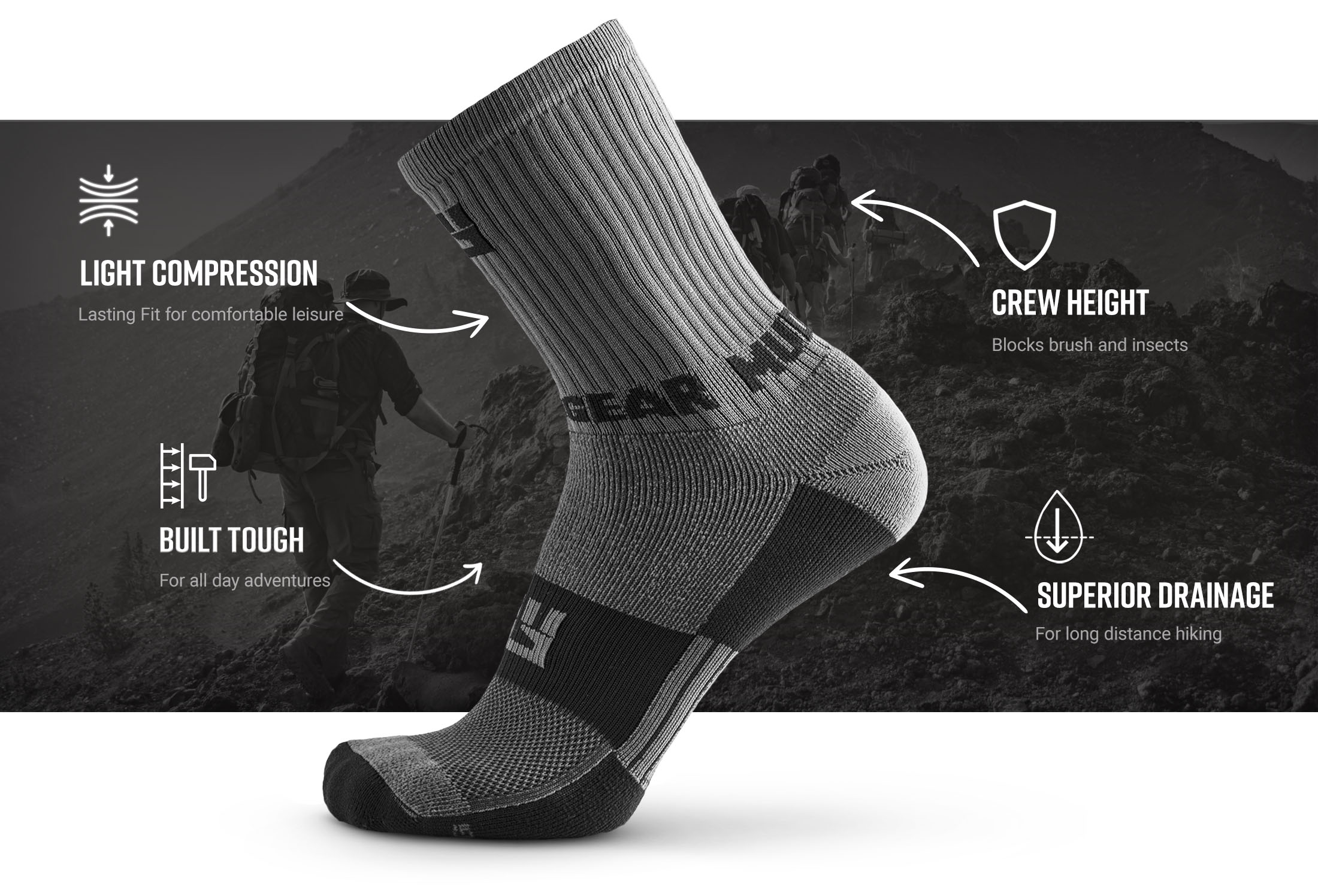 Infographic of Performance Hiking/Trekking Sock - Gray/Black (2 Pair Pack)