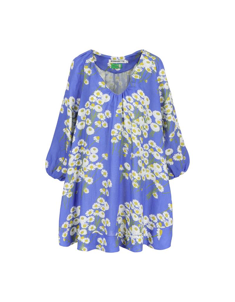 Bernadette Antwerp short dress Georgette is made from linen and printed with the in-house drawn chamomile field on blue print. This short dress has balloon sleeves and a wide fit with a V-neckline.