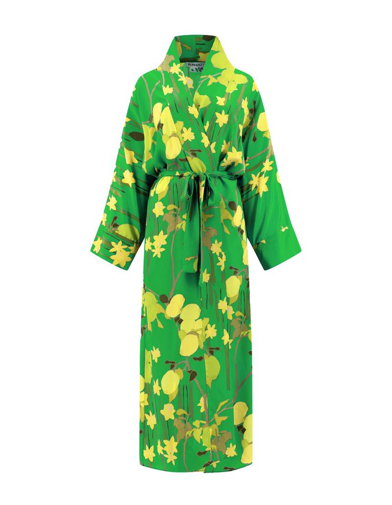 Bernadette Antwerp silk peignoir wrap dress. Printed with green citrus fields, this peignoir comes with a matching slip dress.