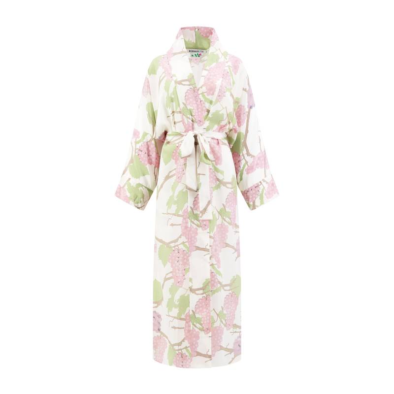 Bernadette Antwerp silk peignoir wrap dress. Printed with soft pink grape vines on an ivory base, this peignoir comes with a matching slip dress.