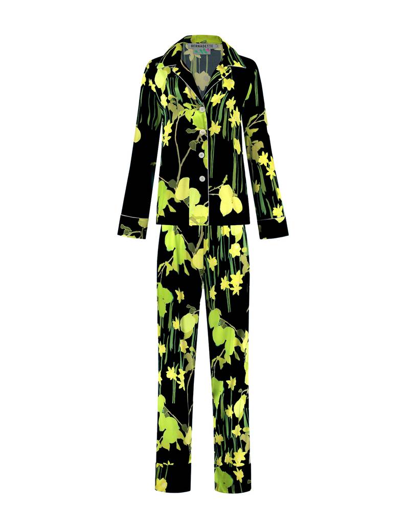 Bernadette Antwerp silk PJ Louis pajama set in printed with in-house drawn Citrus field Black print.