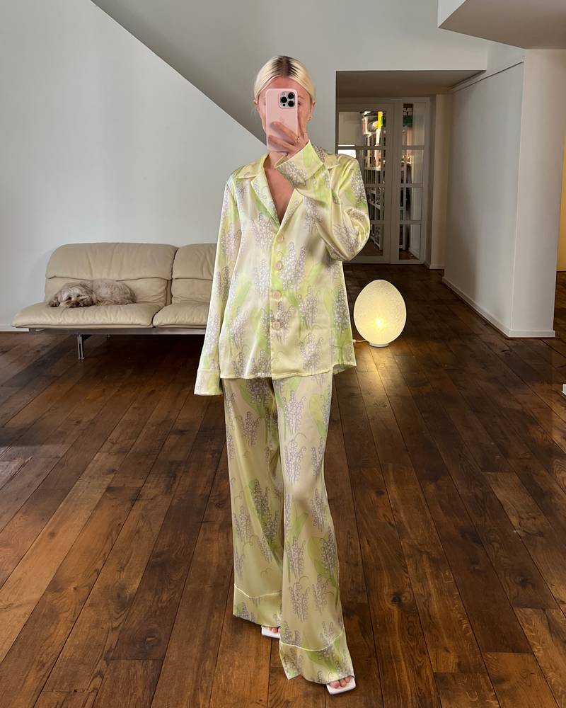 Bernadette Antwerp silk PJ Louis pajama set in printed with in-house drawn print Lily Of The Valley Light Yellow.