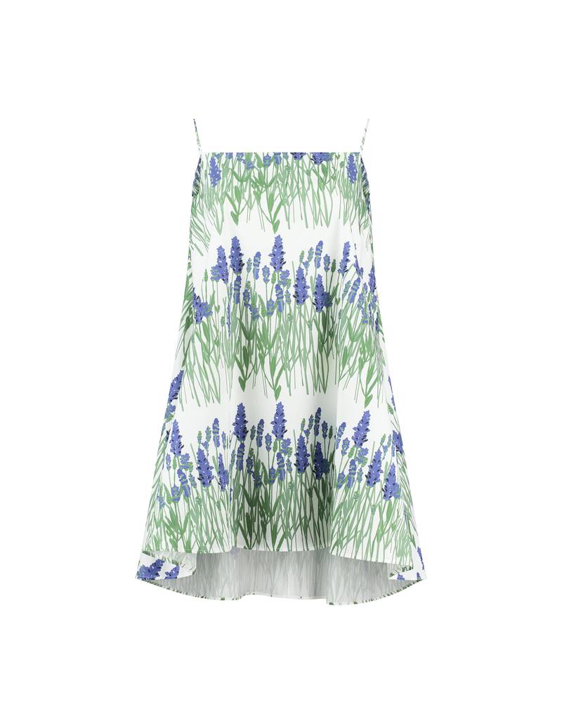 Bernadette Antwerp short dress Audrey is made from cotton and printed with the in-house drawn lavender on white print. This short dress has a straight neckline, fine spaghetti straps and a wide fit. 