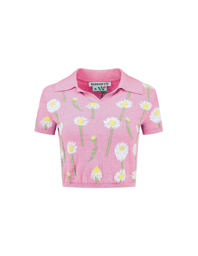 Bernadette Antwerp top Margot is a cropped polo shirt made from a knitted sponge towel fabric. Printed with the in-house drawn chamomile pink print. 