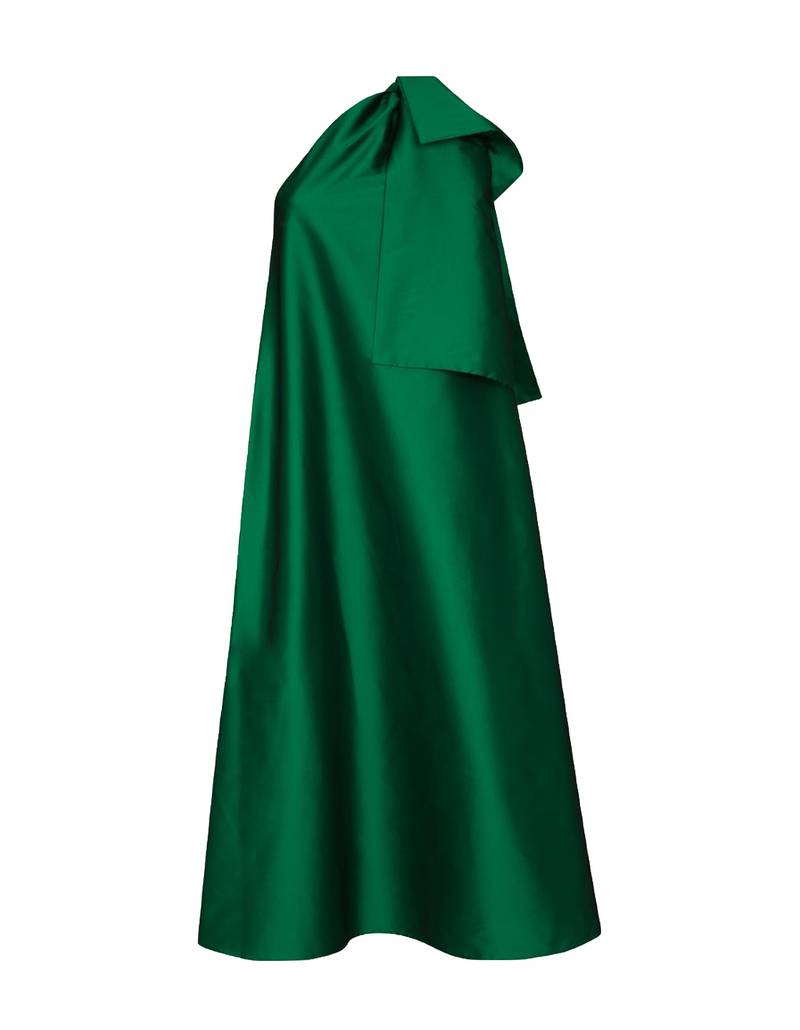 Bernadette Antwerp dress Winnie in emerald green is made from taffeta and features a bow on the shoulder. Floor length gown evening wear.