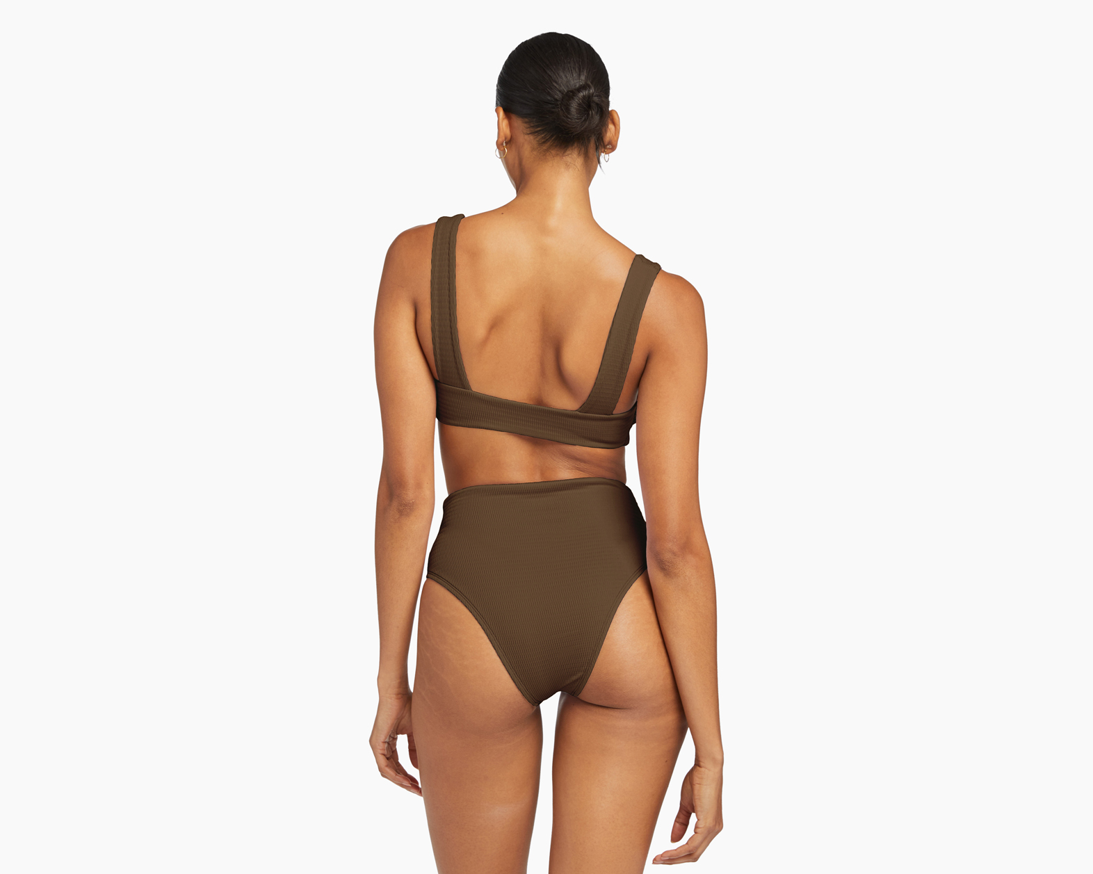 Model Posing Barcelona High Waist Bottom - Tea Leaf EcoTex Back