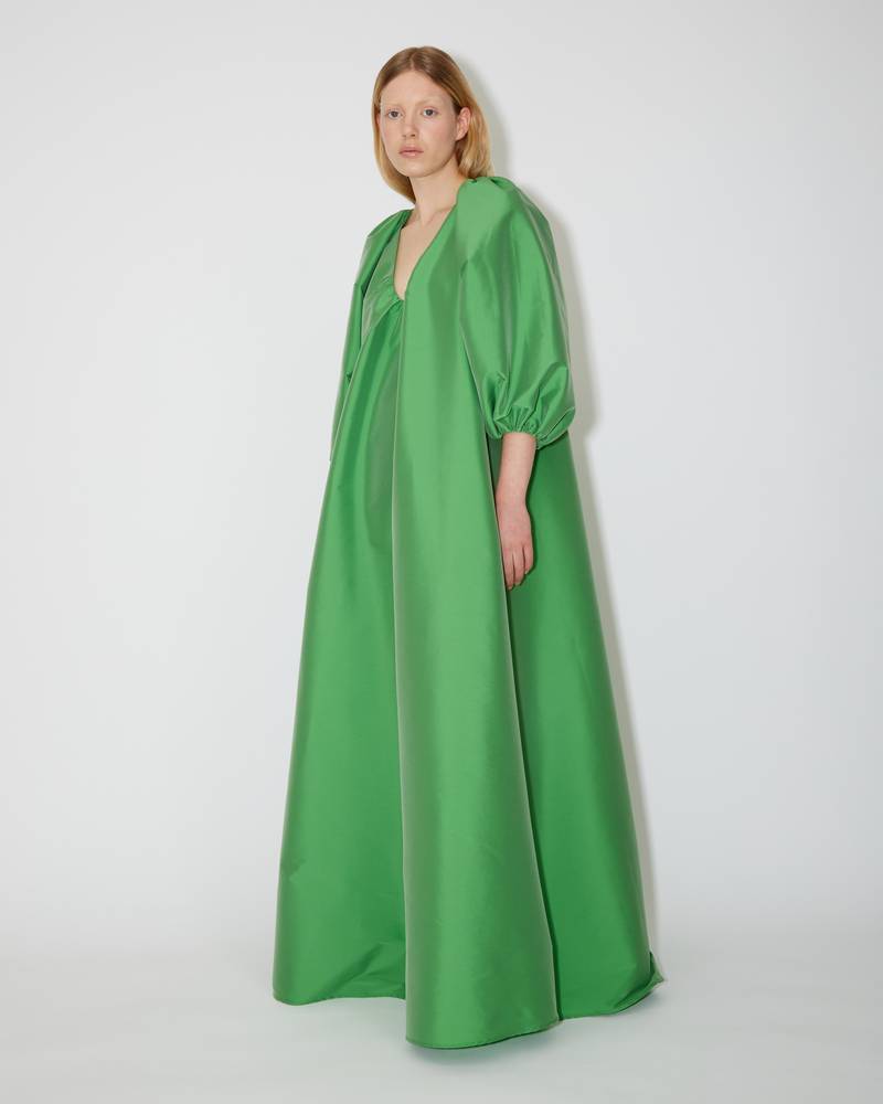 Bernadette Antwerp Dress George is made from taffeta fabric, features poofy sleeves and is floor-length. Taffeta evening wear grass green.