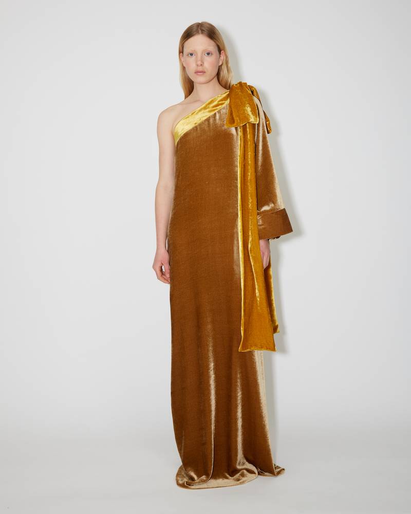 Bernadette Antwerp dress Nel velvet off-the-shoulder dress one sleeve ochre yellow/ camel floor-length gown