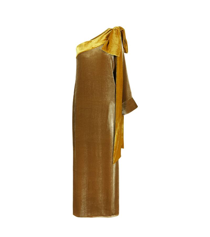 Bernadette Antwerp dress Nel velvet off-the-shoulder dress one sleeve ochre yellow/ camel floor-length gown