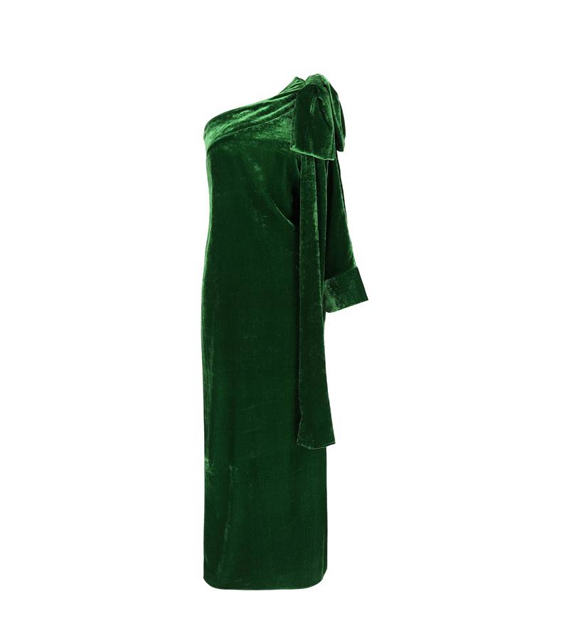 Bernadette Antwerp dress Nel velvet off-the-shoulder dress one sleeve emerald green floor-length gown