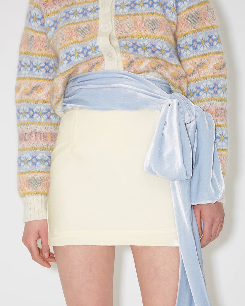 Bernadette Antwerp Short skirt Bernard in pale blue on ivory velvet fabric big bow on the side