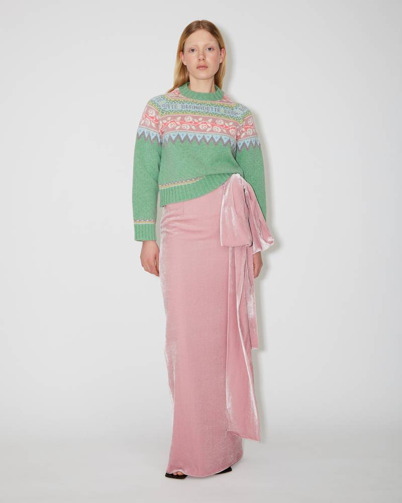 Bernadette Antwerp Bernard skirt velvet big bow on side pencil skirt in old rose / blush pink. 