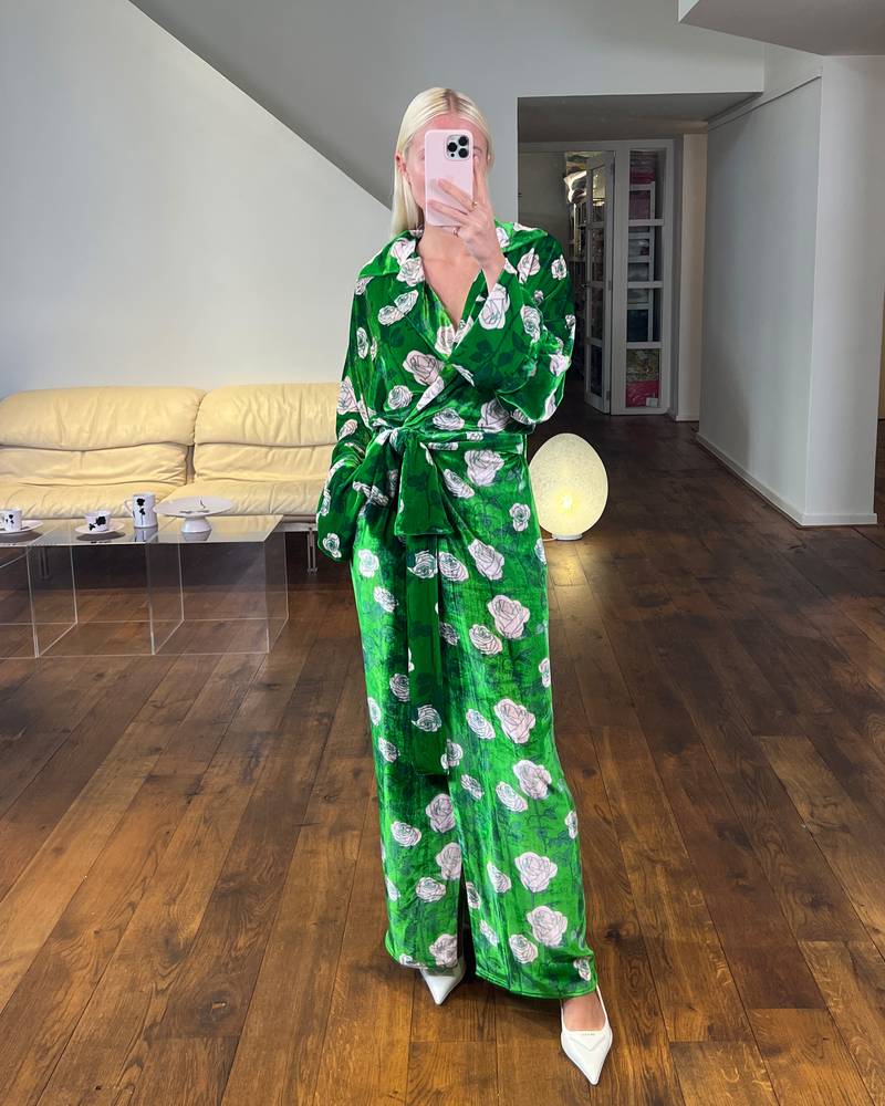 Bernadette Antwerp silk velvet peignoir robe Dress Gisou large romantics roses wrap dress green soft pink