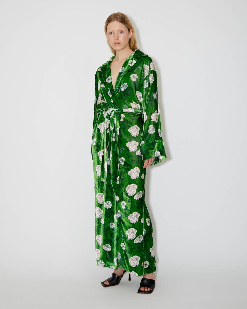 Bernadette Antwerp silk velvet peignoir robe Dress Gisou large romantics roses wrap dress green soft pink
