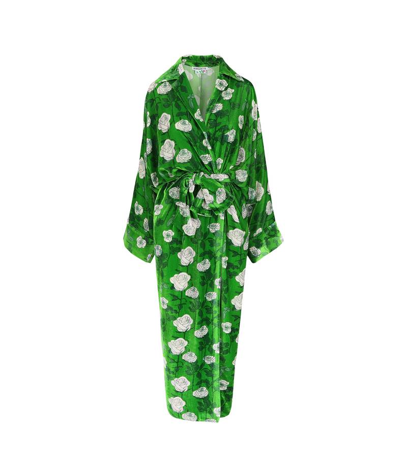 Bernadette Antwerp silk velvet peignoir robe Dress Gisou large romantics roses wrap dress green soft pink