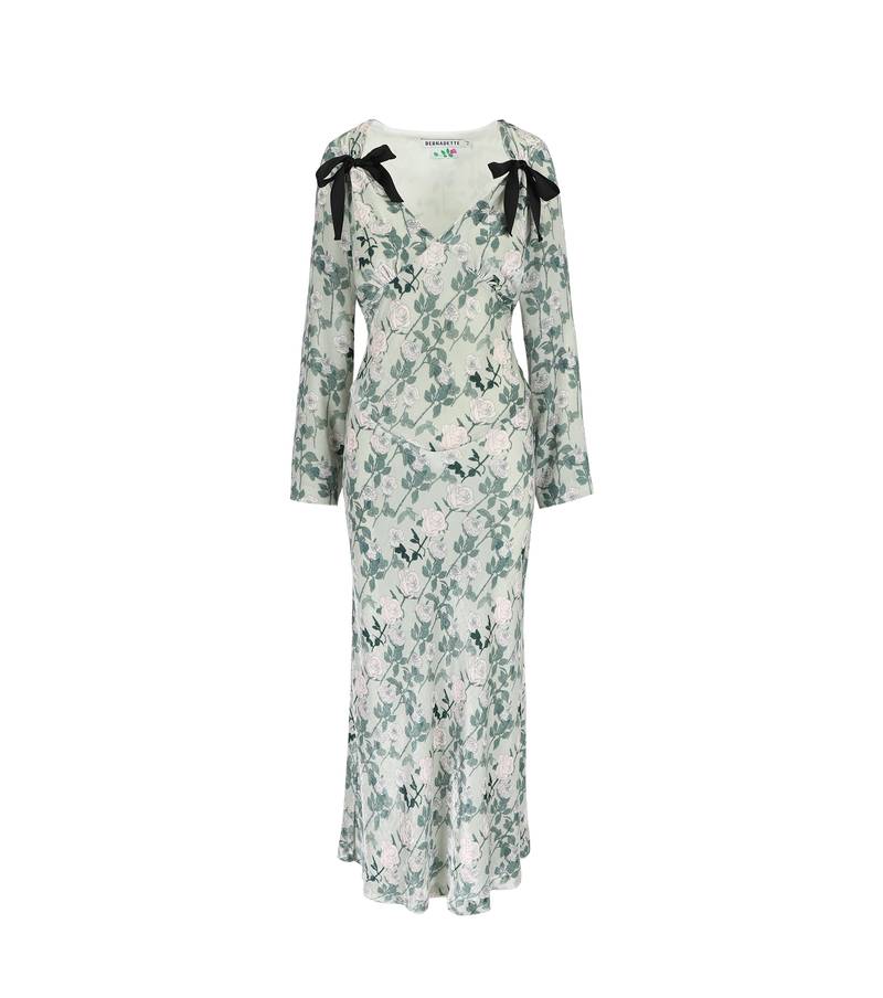 Bernadette Antwerp dress Mathilda in silk velvet fabric, Medium Romantics print soft pink on grey, two bows on sweetheart neckline, floor-length gown