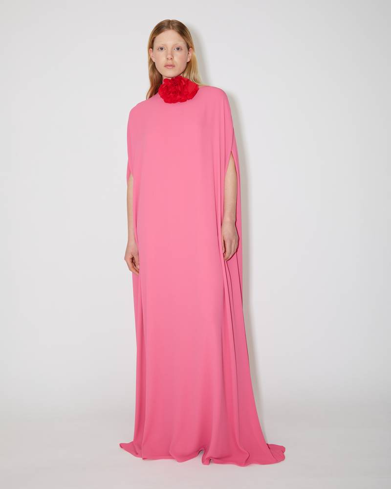 Bernadette Antwerp dress Eleonore in hot pink is cut from soft duchesse fabric and is floor-length with rose detail around the neck.