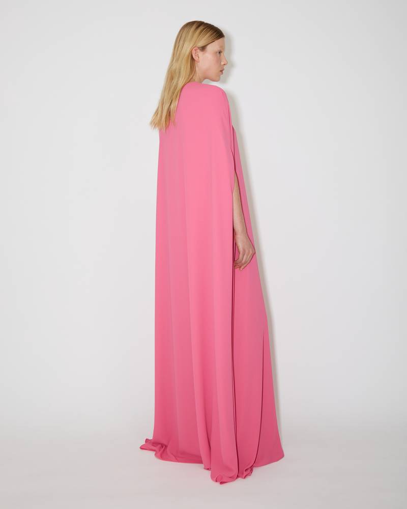 Bernadette Antwerp dress Eleonore in hot pink is cut from soft duchesse fabric and is floor-length with rose detail around the neck.