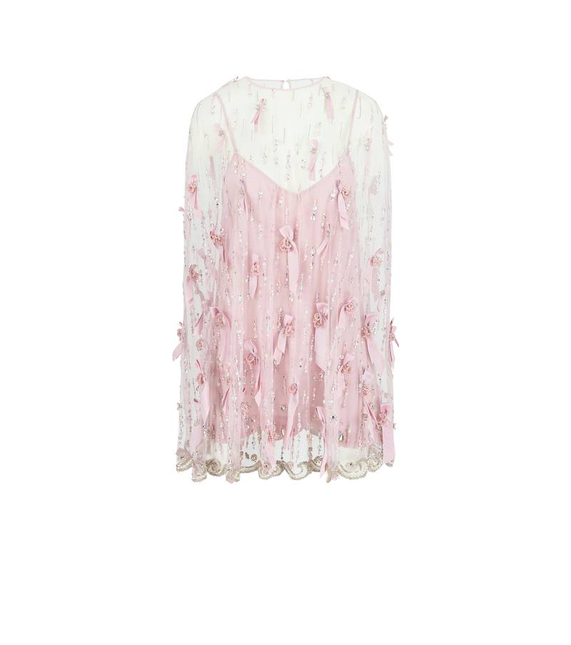 Bernadette Antwerp cape dress Noah, hand embroidered stones, pearls and bows with matching slip dress in pink.