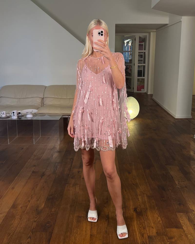 Bernadette Antwerp cape dress Noah, hand embroidered stones, pearls and bows with matching slip dress in pink.