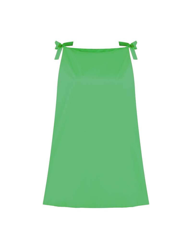 Bernadette Antwerp dress Mary. Made from taffeta fabric, bow accents on shoulders, grass green color, short boxy dress.