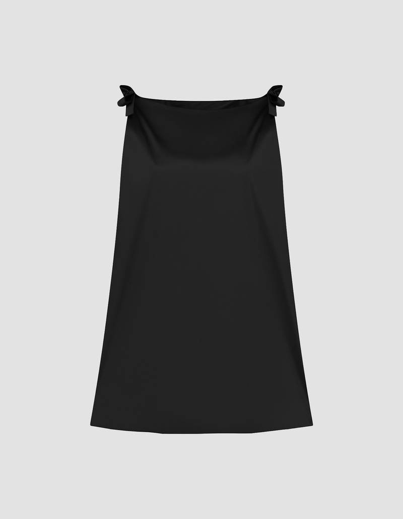 Bernadette Antwerp little black dress Mary. Made from taffeta fabric, bow accents on shoulders, short boxy dress.