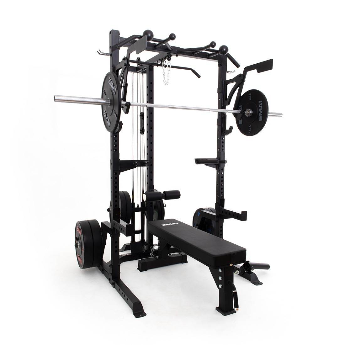 Half Power Rack With Plate Loaded Lateral Pull Down / Rower
