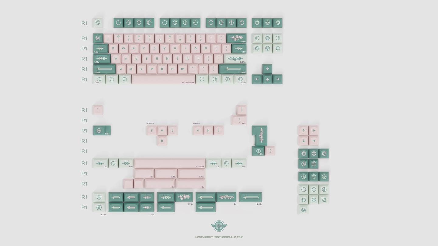 DSA Witch Girl keycaps by Mintlodica in Classic (Blush, Sage, Thyme) featuring moon, snake, and flora themes. Base Kit which covers most keyboards. Numpad kit to add to Base Kit for Full Size Compatibility.