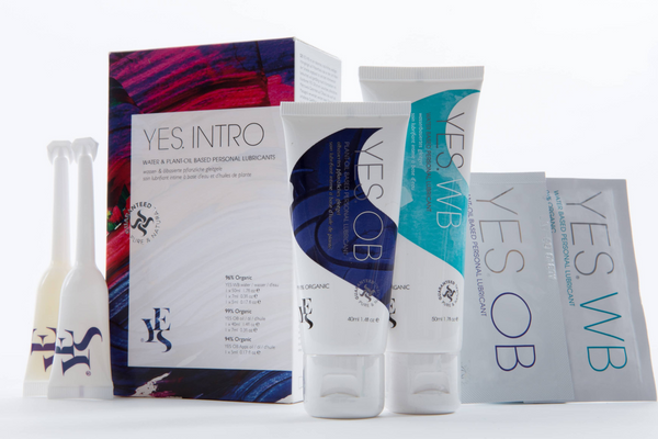 YES INTRO kit stood up. Box of Intro next to a tube of WB and OB, an applicator of WB and OB, plus a sachet of WB and OB