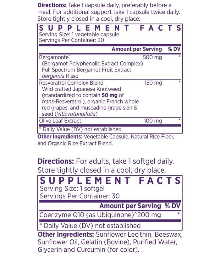 supplements facts - label 1 = bergamot, label 2 = Advanced CoQ10 
