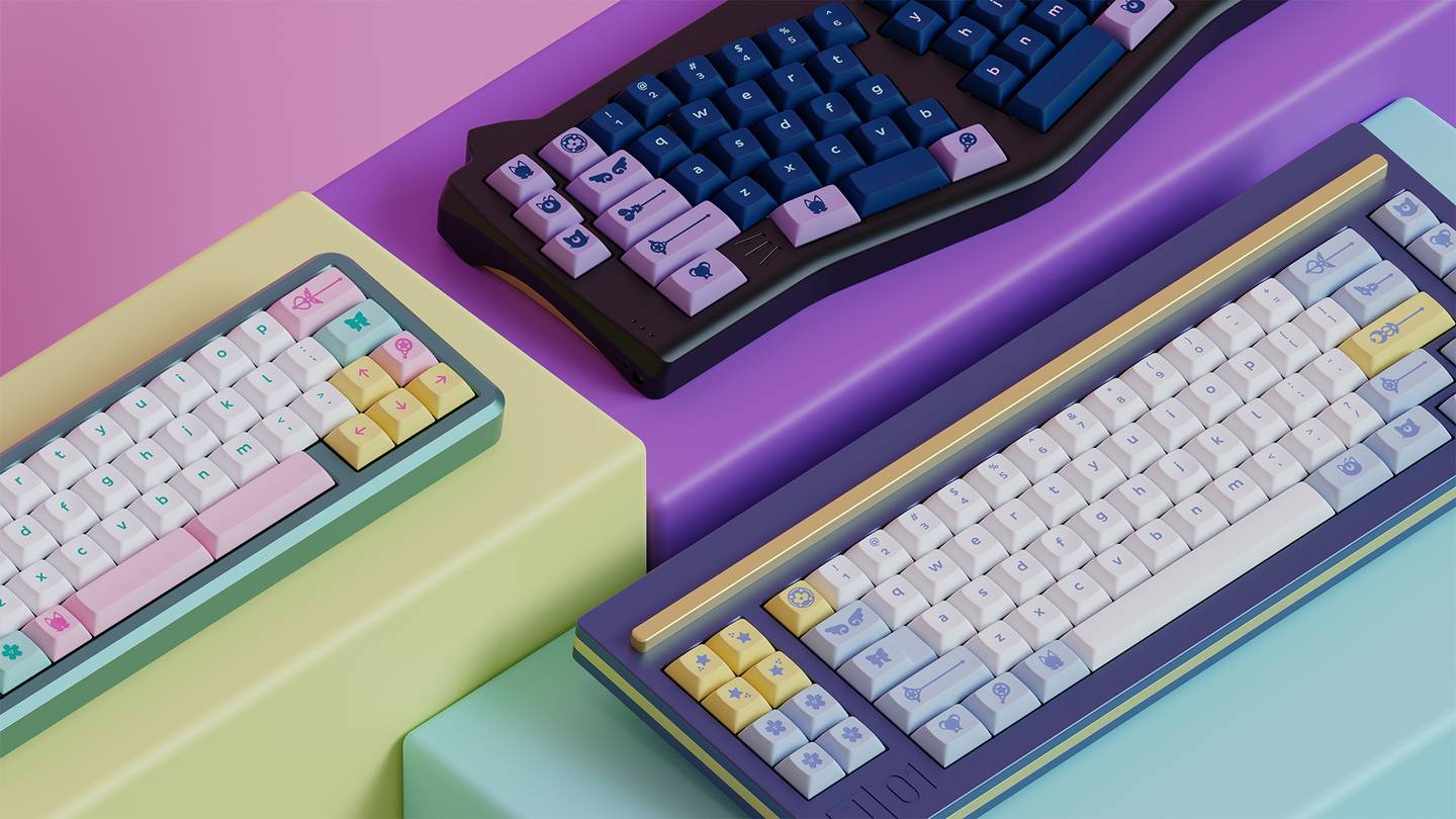 DSA Magic Girl keycaps by Mintlodica in three (3) generations of colors: Classic pink mint yellow, Dark purple navy, and Millennium blue yellow on various Mechanical Keyboards. Presented on colorful blocks befittin the cute shoujo manga anime aesthetic.