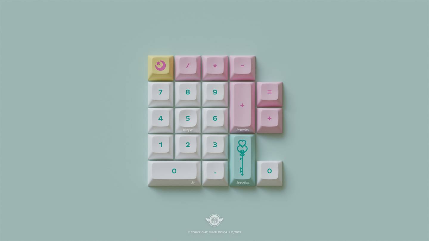 DSA Magic Girl keycaps by Mintlodica in Classic (White, Mint, Pink, Yellow) featuring cute anime shoujo 1990s manga themed. Numpad kit to add to Base Kit for Full Size Compatibility.