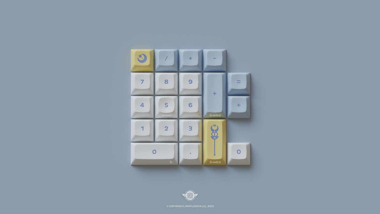DSA Magic Girl keycaps by Mintlodica in Millennium (White, Blue, Yellow) featuring cute anime shoujo 1990s manga themed. Numpad kit to add to Base Kit for Full Size Compatibility.