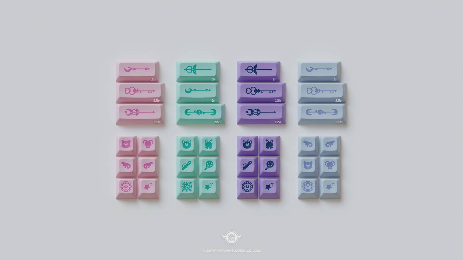 DSA Magic Girl keycaps by Mintlodica in Pink, Blue, Mint, and Purple featuring cute anime shoujo 1990s manga themed. This is an extra Novelties kit featuring additional Wand keycap not found in the Base Kits and even more 1u keys in all 4 mod colors for flexibility.