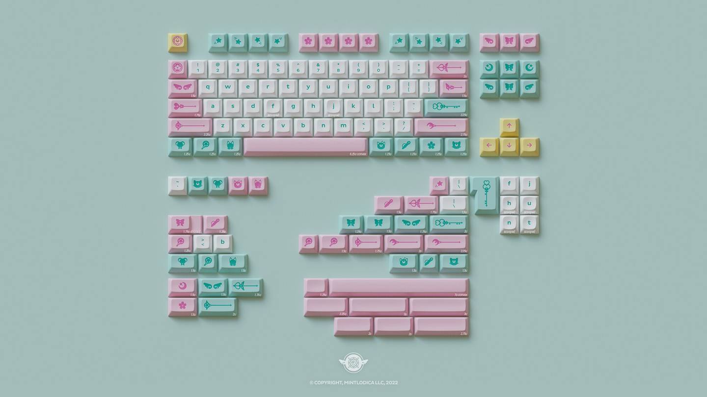 DSA Magic Girl keycaps by Mintlodica in Classic (White, Mint, Pink, Yellow) featuring cute anime shoujo 1990s manga themed. Numpad kit to add to Base Kit for Full Size Compatibility.