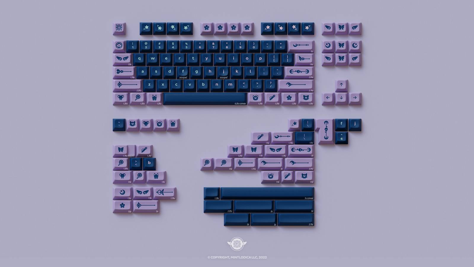DSA Magic Girl keycaps by Mintlodica in Dark (Navy, Purple, Pink, Mint) featuring cute anime shoujo 1990s manga themed. Numpad kit to add to Base Kit for Full Size Compatibility.