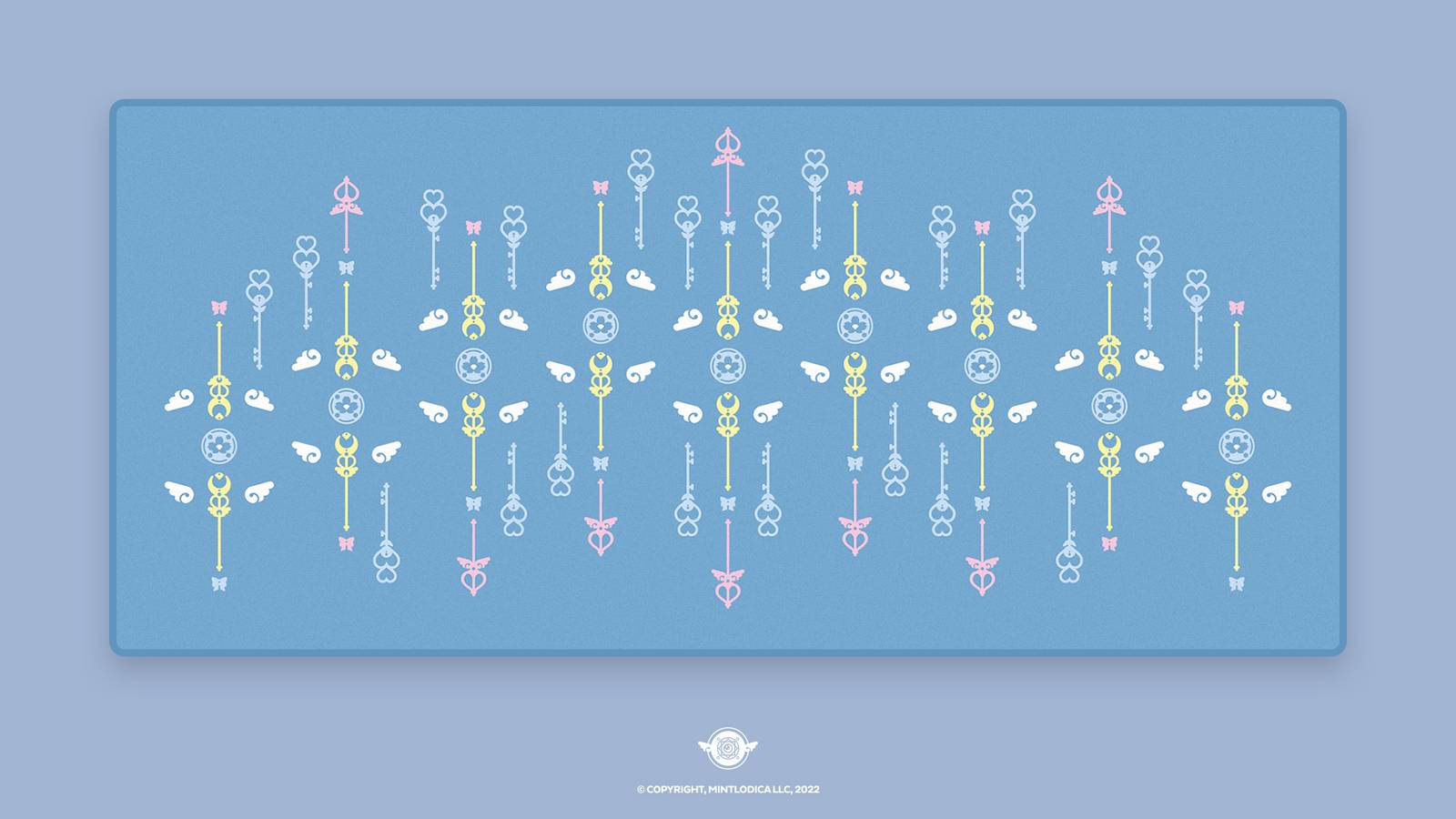 Magic Girl by Mintlodica matching Deskmats or Deskpads in Blue matching the cute anime shoujo manga keycaps. featuring Wands, Familiars, Wings, Ribbons, and Magic Symbols.