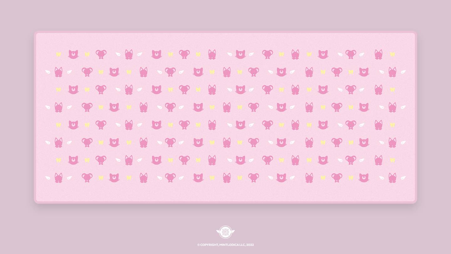 Magic Girl by Mintlodica matching Deskmats or Deskpads in Pink matching the cute anime shoujo manga keycaps. featuring Wands, Familiars, Wings, Ribbons, and Magic Symbols.