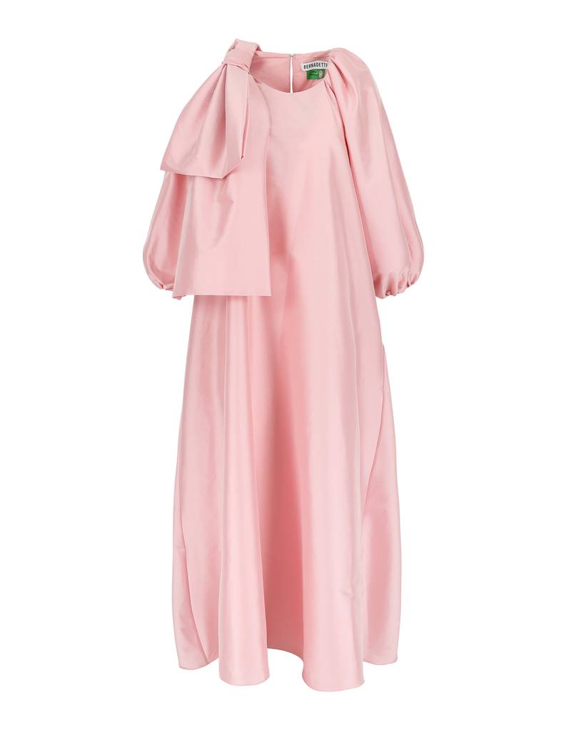 Bernadette Antwerp dress Victoria is a floor length gown made from taffeta fabric, featuring the signature BERNADETTE bow detail, poofy sleeves and a crew neckline. This evening wear dress is in the color warm pink. 