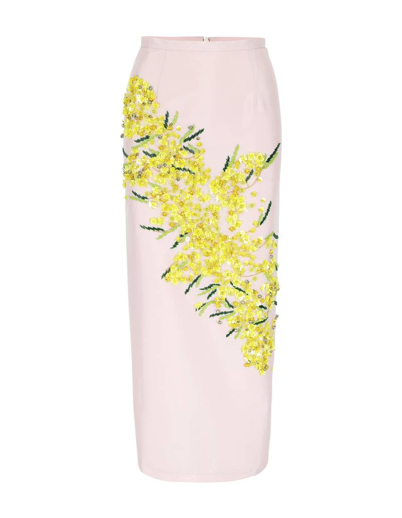 Bernadette Antwerp skirt Norma is an ankle-length pencil skirt made from taffeta fabric and adorned with hand-embroidered mimosa print on a blush pink base.